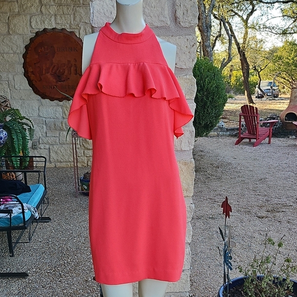 Trina Turk Dresses & Skirts - Trina Turk Vibrant Coral Cold Shoulder Ruffle Mini Dress M
